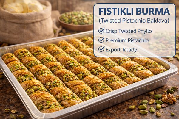 Fıstıklı burma twisted pistachio baklava — crisp twisted baklava for export