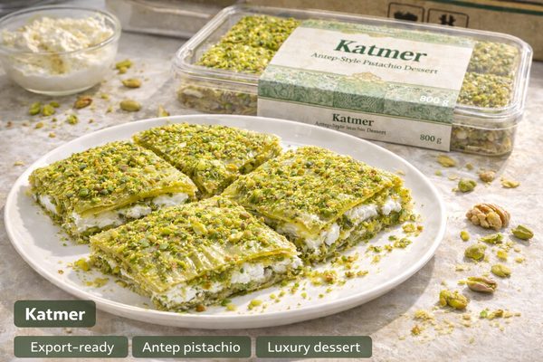 Antep-style katmer pistachio dessert — ultra-thin layers with pistachio for premium export range