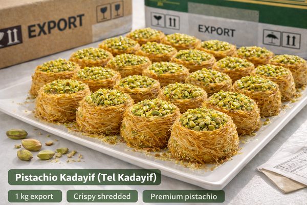 Pistachio tel kadayif — crispy shredded pastry nest filled with pistachio for export